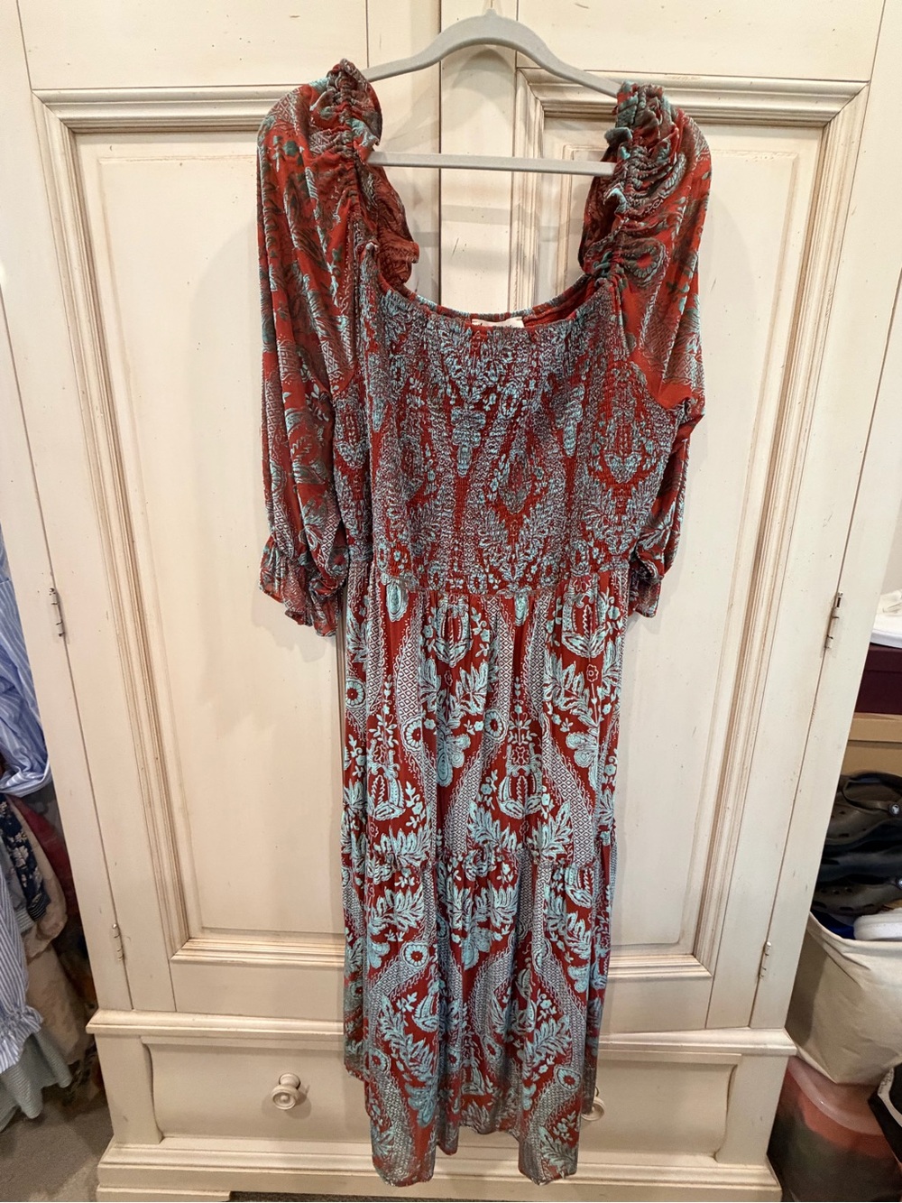 Impressions Rust and Light Blue Floral Maxi Dress